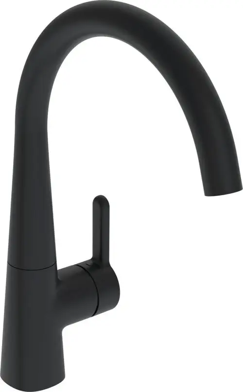 Schwarze Küchenarmatur von HANSA mit geschwungenem Auslauf und seitlichem Hebel. Das Design ist schlicht und modern, geeignet für verschiedene Kücheneinrichtungen.